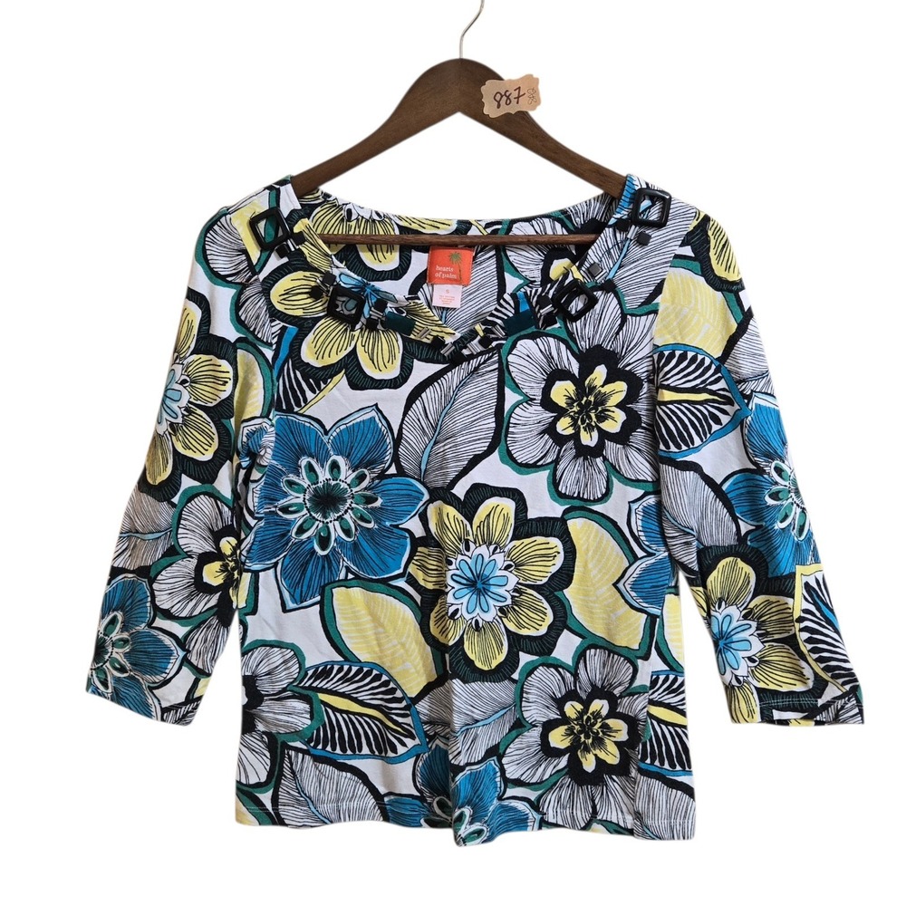 Hearts of Palm Women's Floral Blouse SZ‎ SM Beaded Neckline 3/4 Sleeve